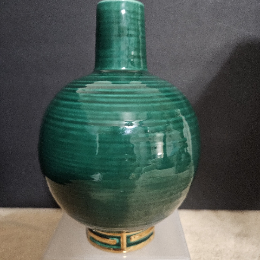 RARE Dick Knox Emerald Green & Gold Leaf Ribbed Art Deco Vase - SIGNED